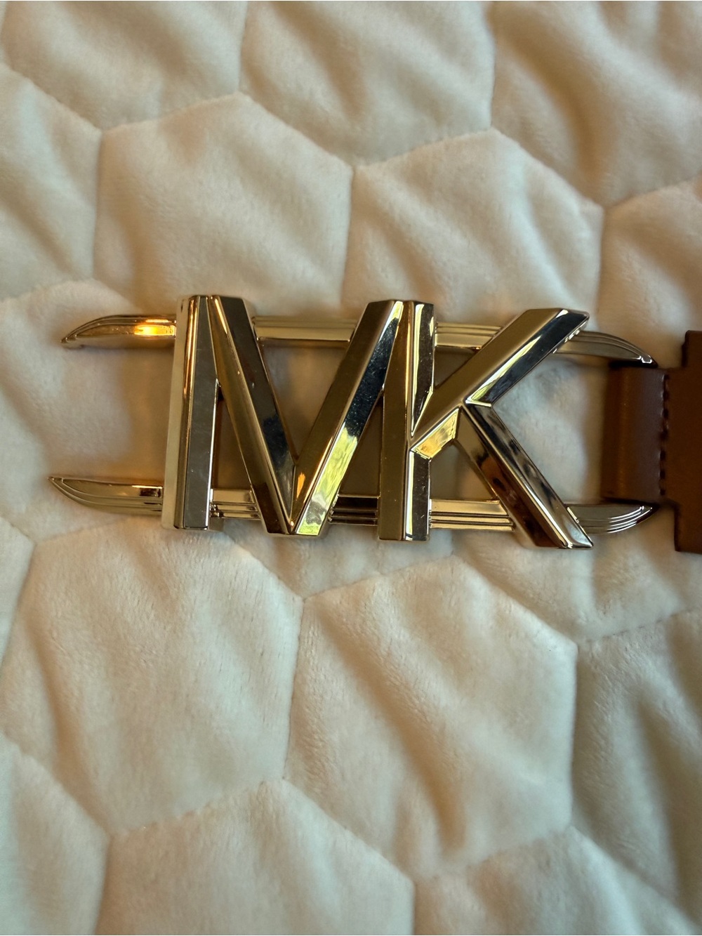 Michael Kors Women’s Brown Leather and Raffia Belt with Gold MK Logo Buckle